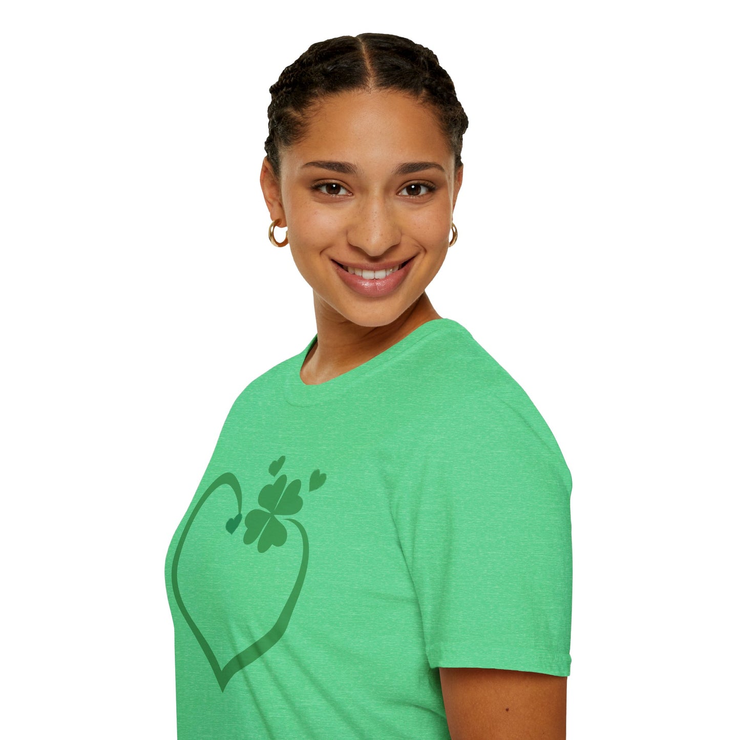 St. Patrick's Day Unisex Softstyle T-Shirt - Green Heart & Clover Design