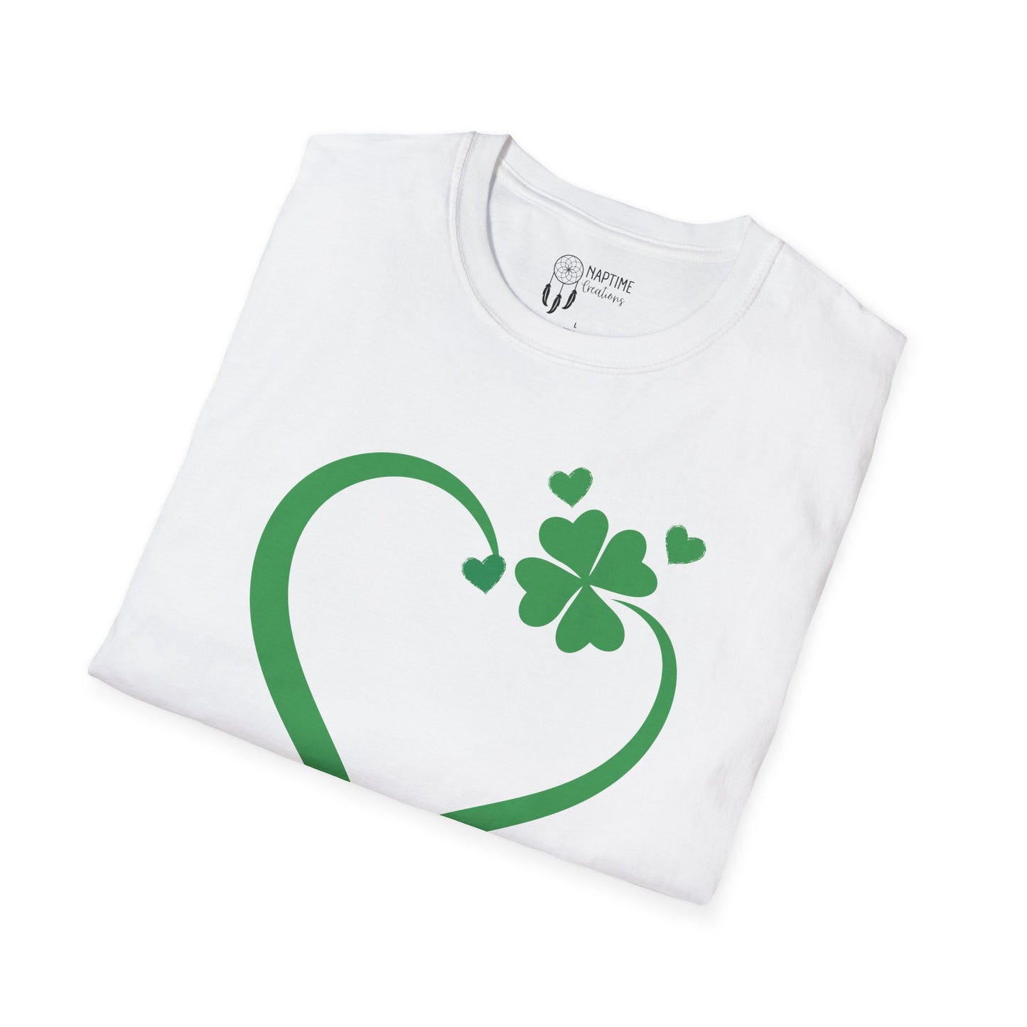St. Patrick's Day Unisex Softstyle T-Shirt - Green Heart & Clover Design