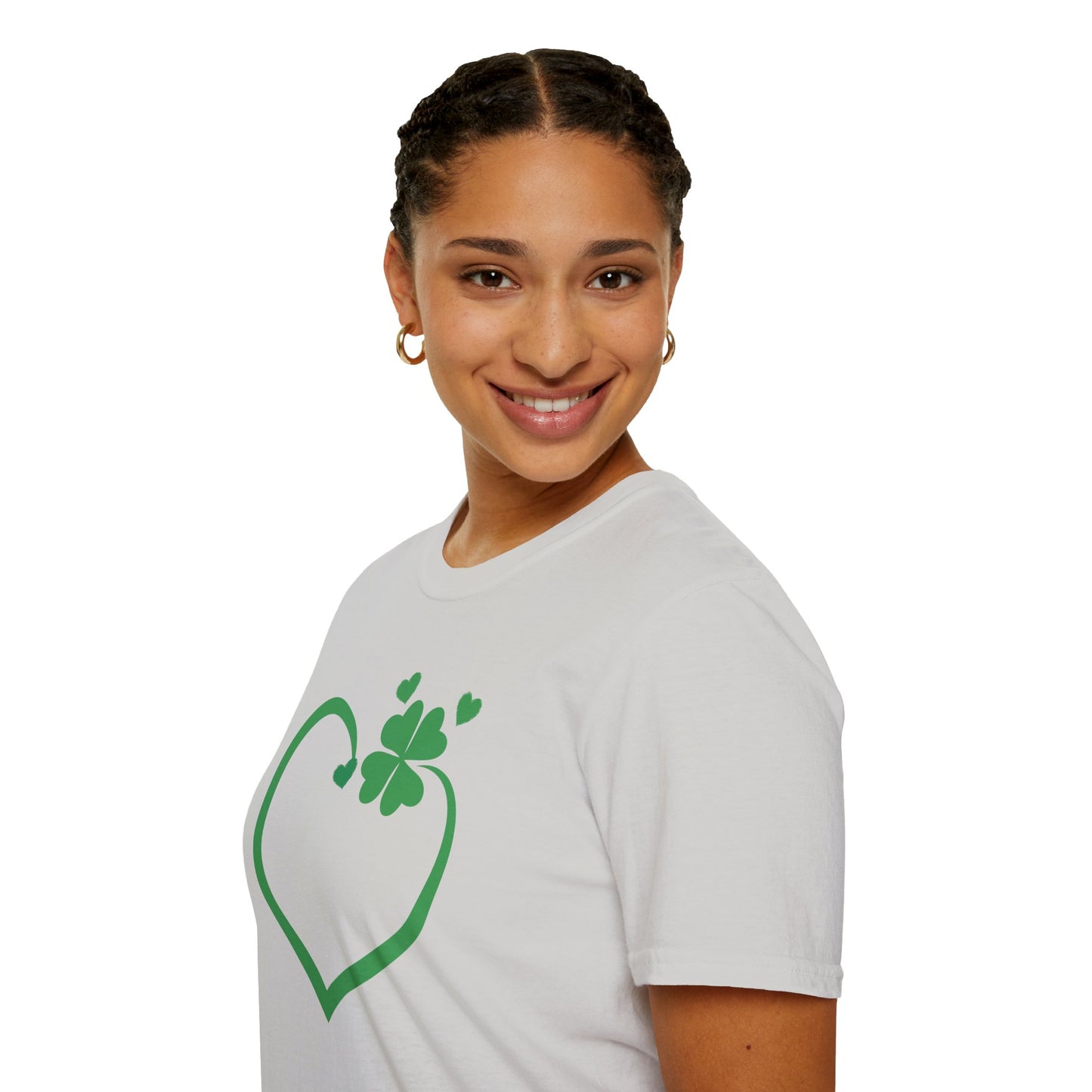 St. Patrick's Day Unisex Softstyle T-Shirt - Green Heart & Clover Design
