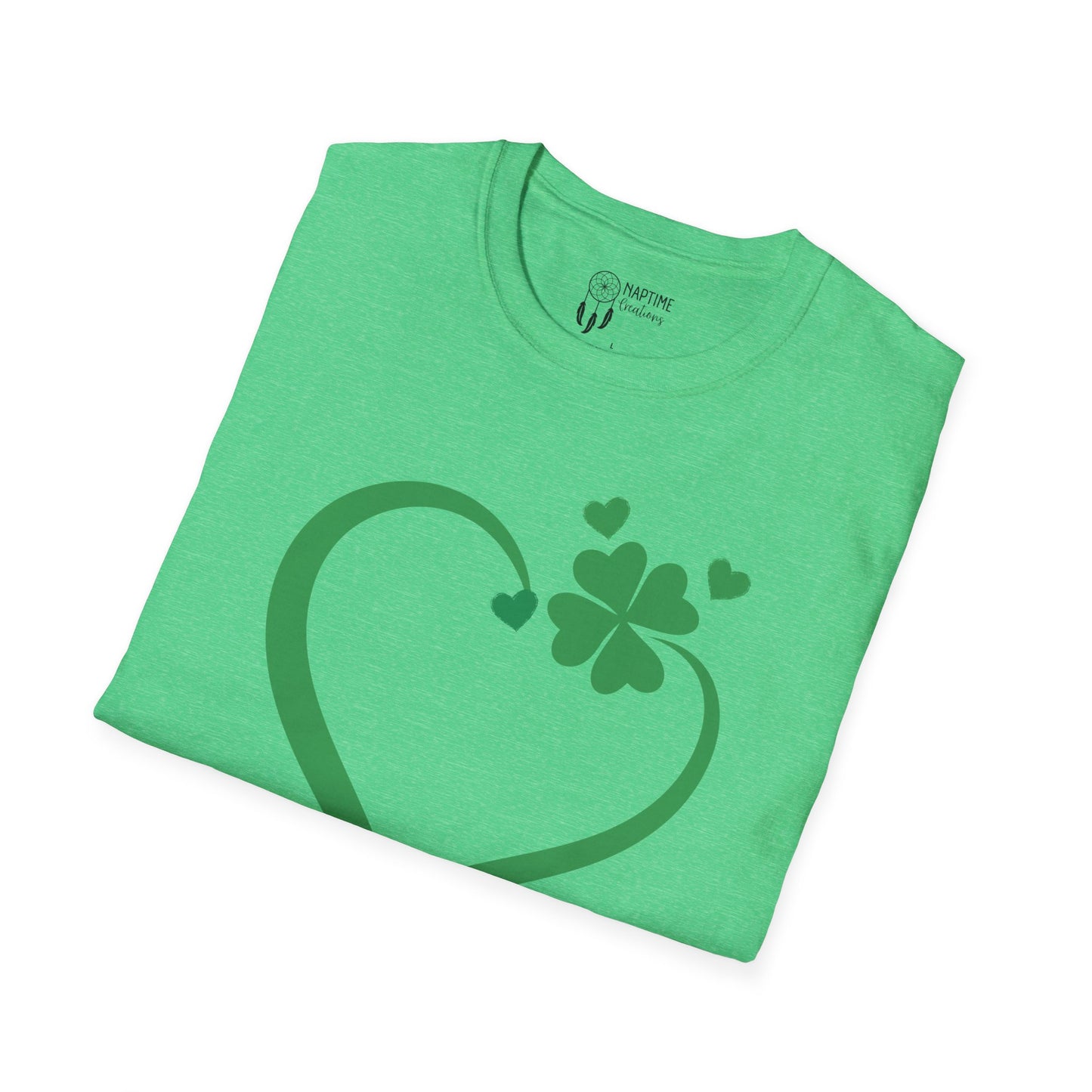 St. Patrick's Day Unisex Softstyle T-Shirt - Green Heart & Clover Design