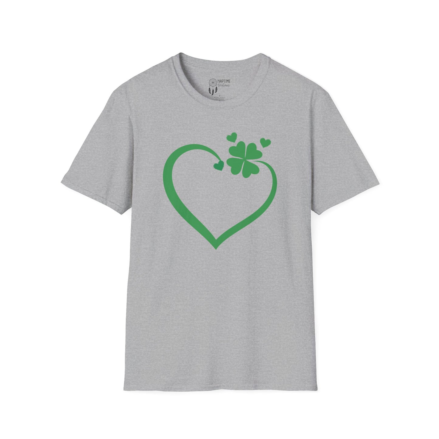 St. Patrick's Day Unisex Softstyle T-Shirt - Green Heart & Clover Design