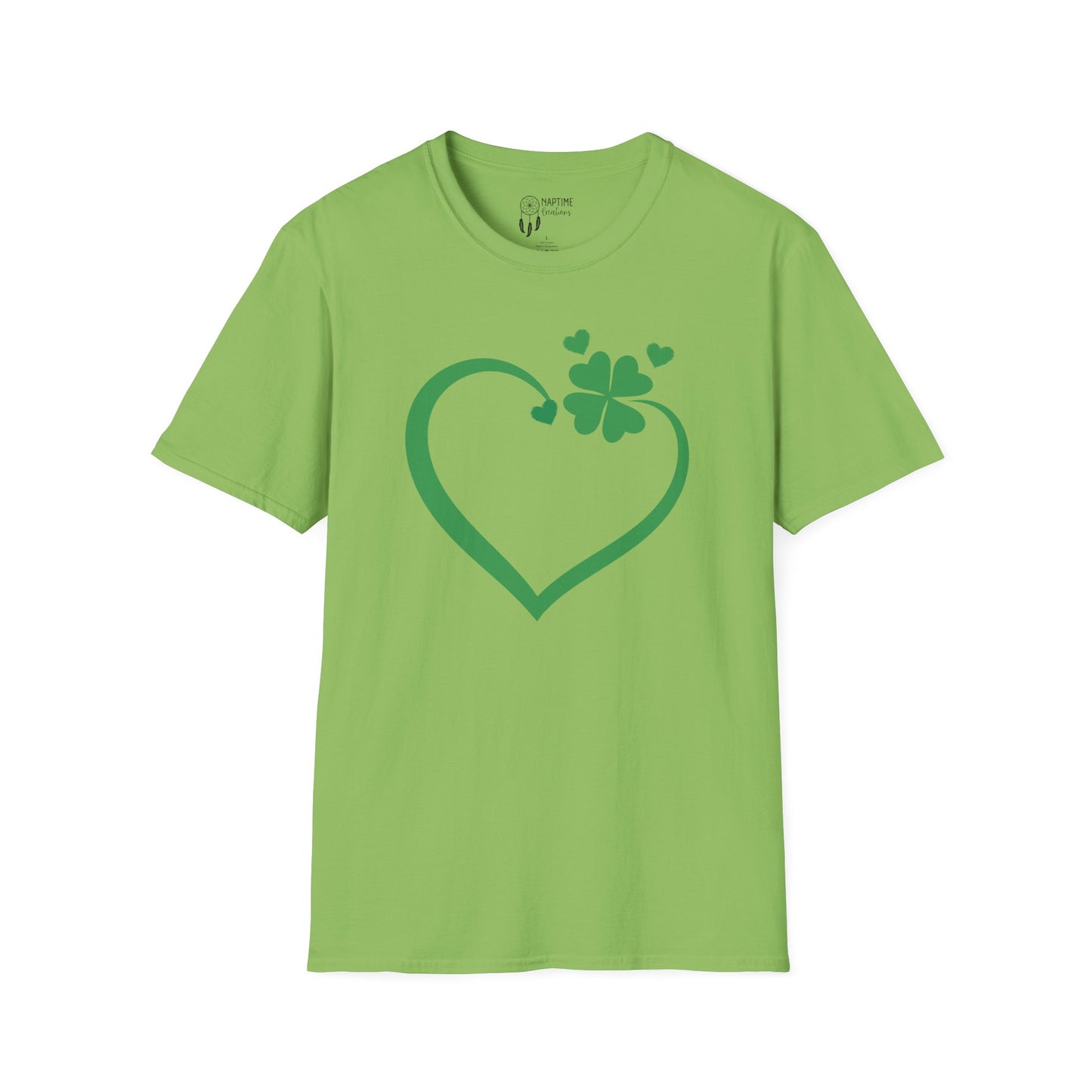 St. Patrick's Day Unisex Softstyle T-Shirt - Green Heart & Clover Design