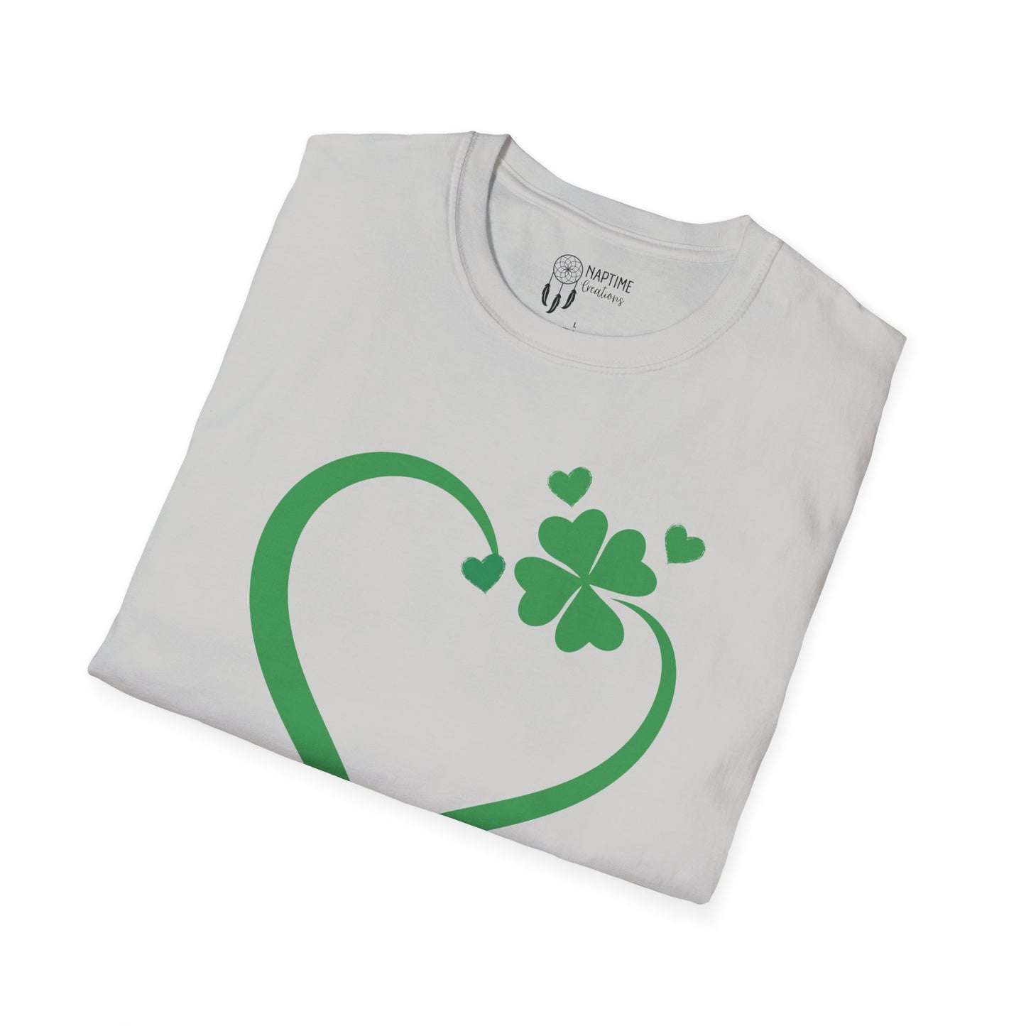 St. Patrick's Day Unisex Softstyle T-Shirt - Green Heart & Clover Design