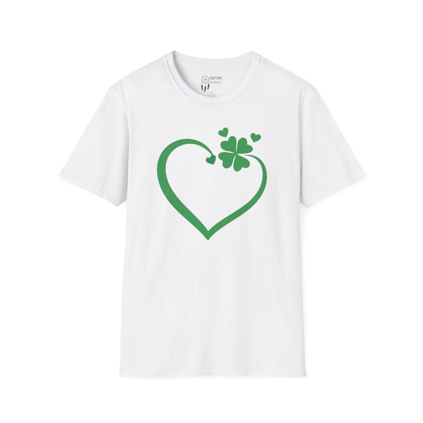 St. Patrick's Day Unisex Softstyle T-Shirt - Green Heart & Clover Design