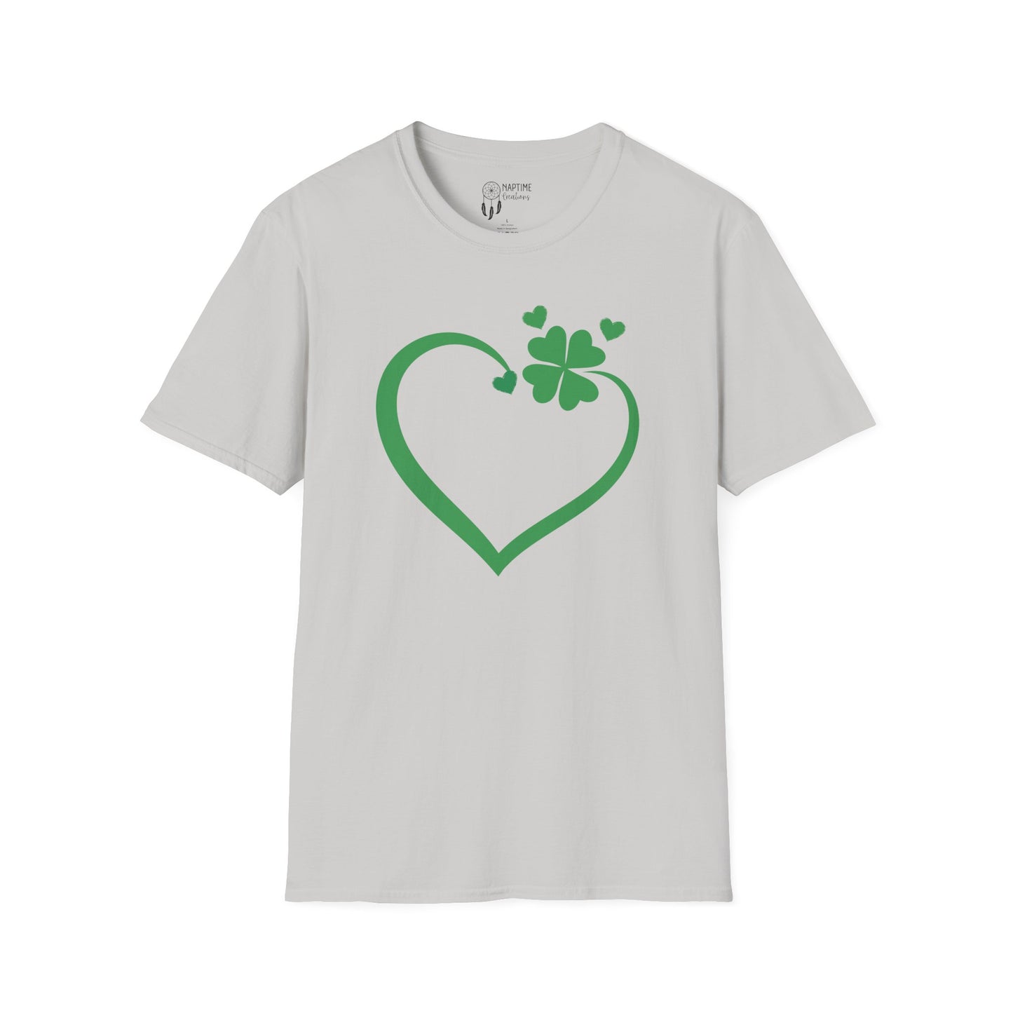 St. Patrick's Day Unisex Softstyle T-Shirt - Green Heart & Clover Design