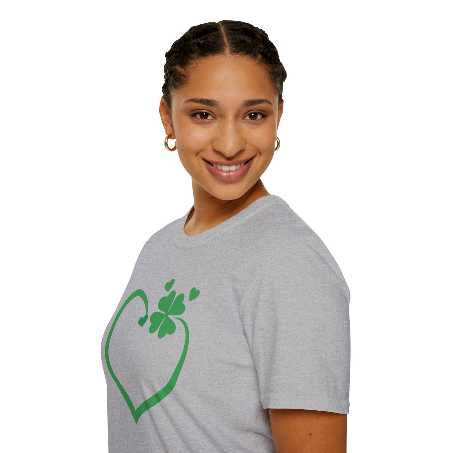 St. Patrick's Day Unisex Softstyle T-Shirt - Green Heart & Clover Design
