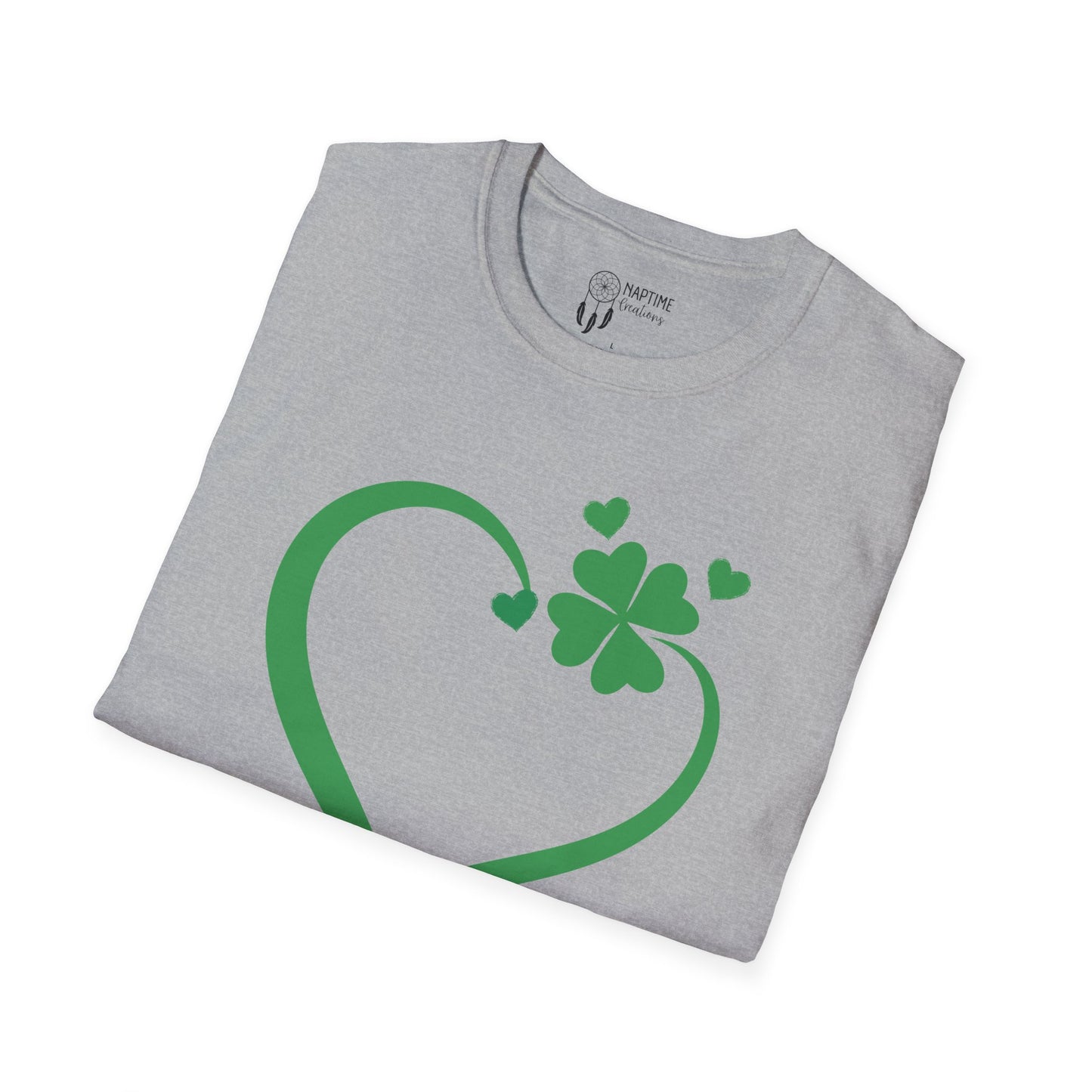 St. Patrick's Day Unisex Softstyle T-Shirt - Green Heart & Clover Design