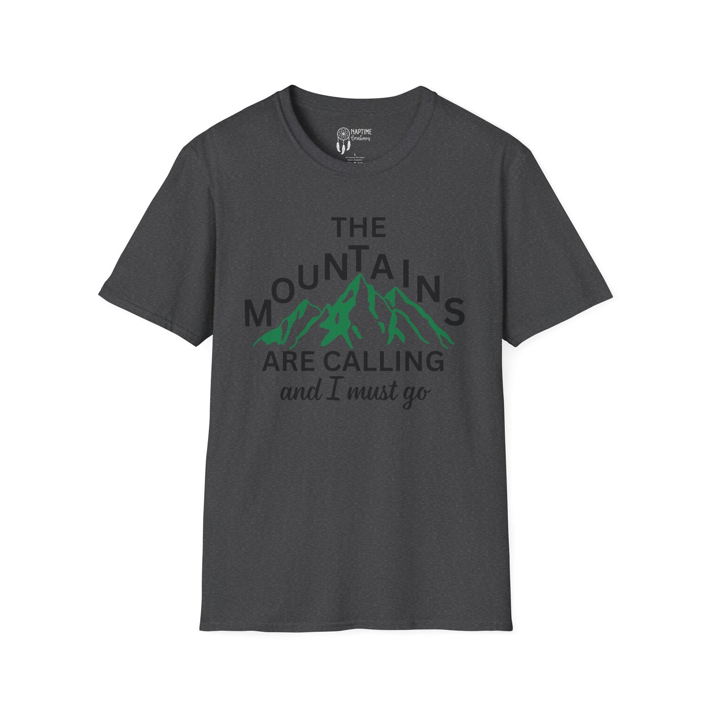 Adventure Awaits Unisex Softstyle T-Shirt - 'The Mountains Are Calling and I Must Go'