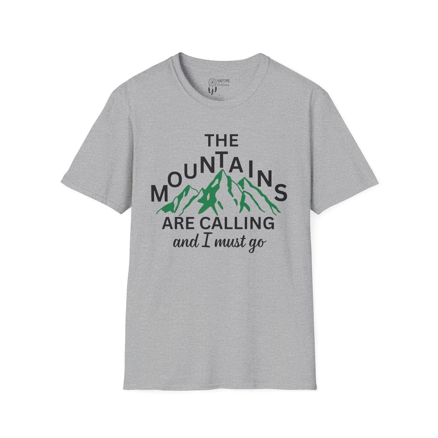 Adventure Awaits Unisex Softstyle T-Shirt - 'The Mountains Are Calling and I Must Go'