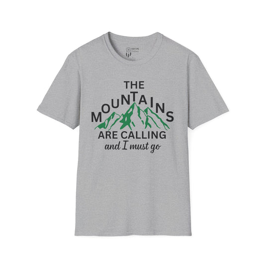 Adventure Awaits Unisex Softstyle T-Shirt - 'The Mountains Are Calling and I Must Go'