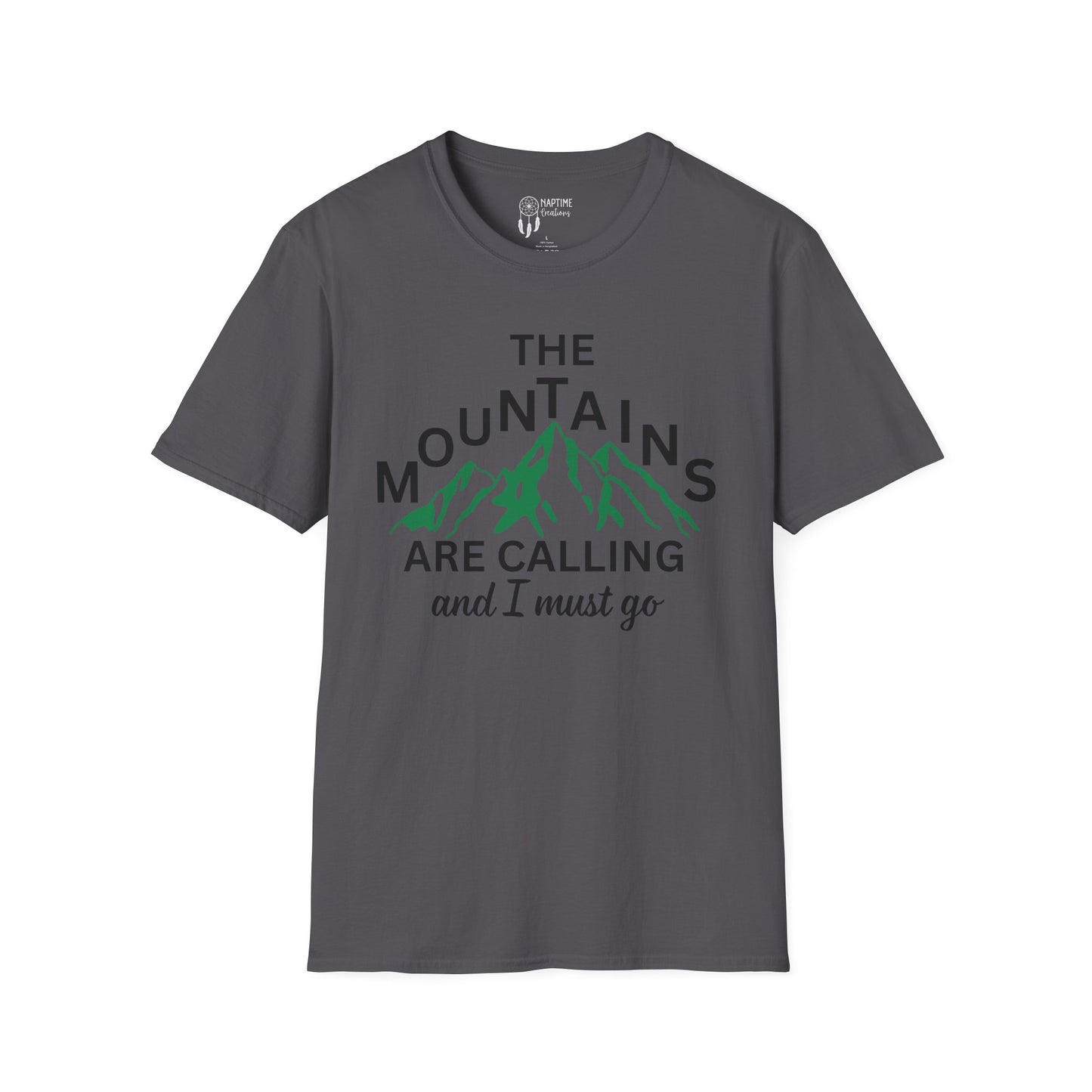 Adventure Awaits Unisex Softstyle T-Shirt - 'The Mountains Are Calling and I Must Go'