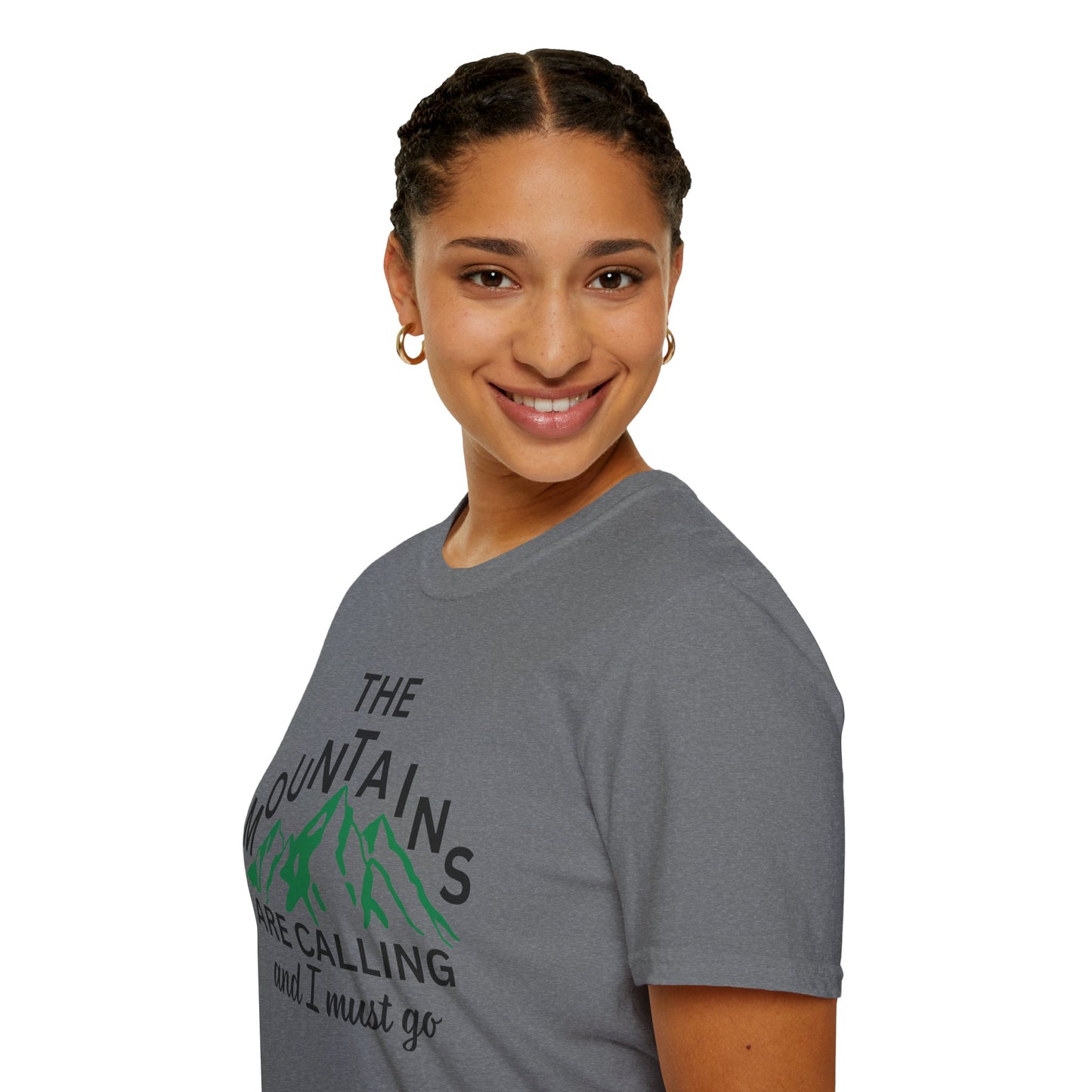 Adventure Awaits Unisex Softstyle T-Shirt - 'The Mountains Are Calling and I Must Go'