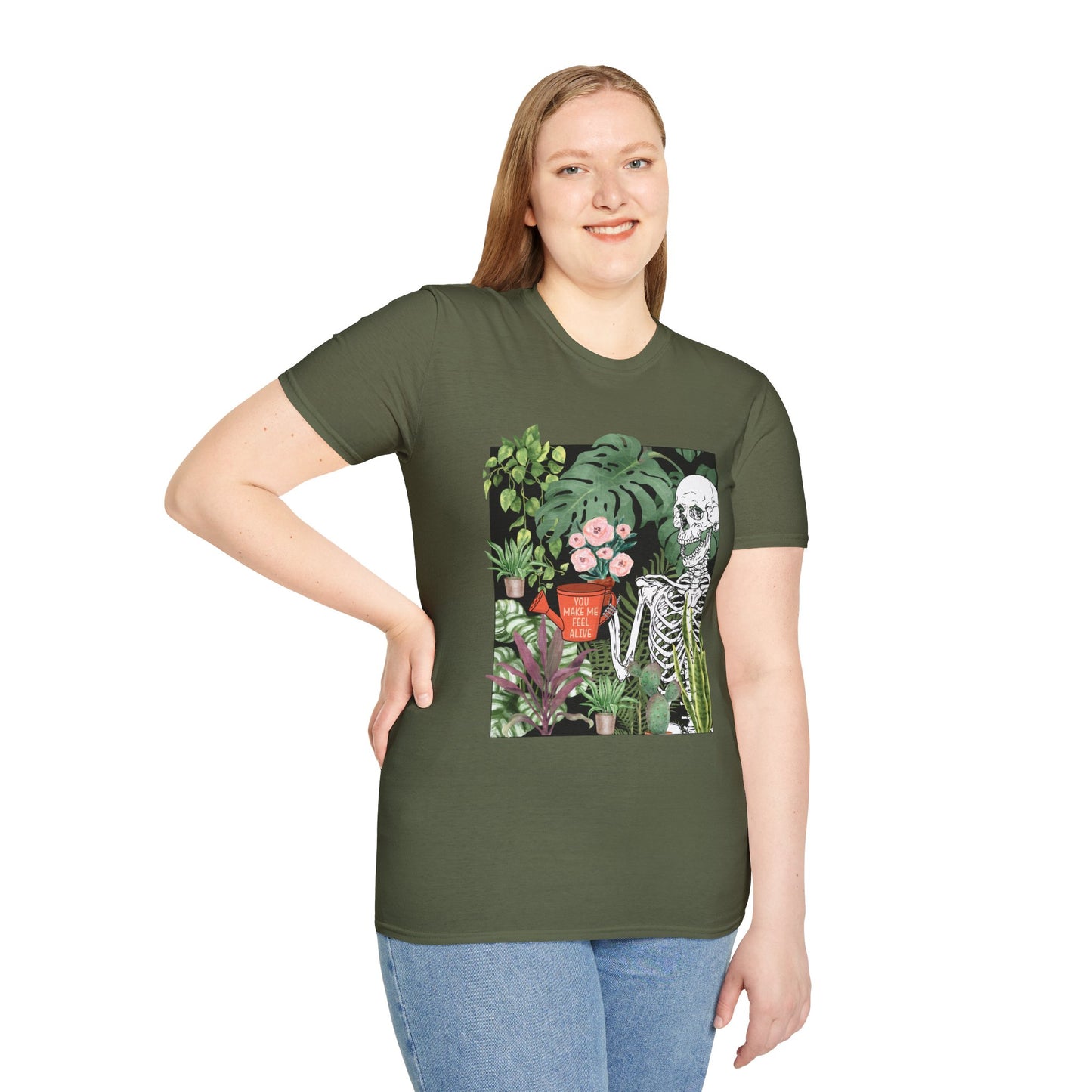 Charming Skeleton Plant Lover T-Shirt - Unisex Softstyle Garden Tee