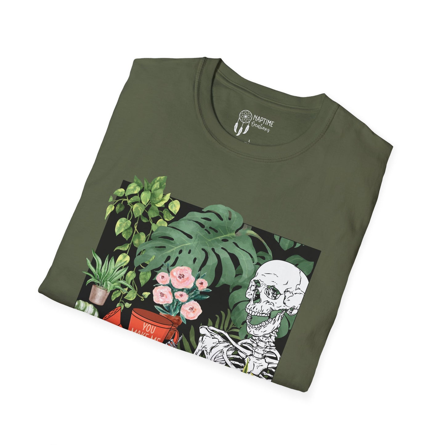 Charming Skeleton Plant Lover T-Shirt - Unisex Softstyle Garden Tee