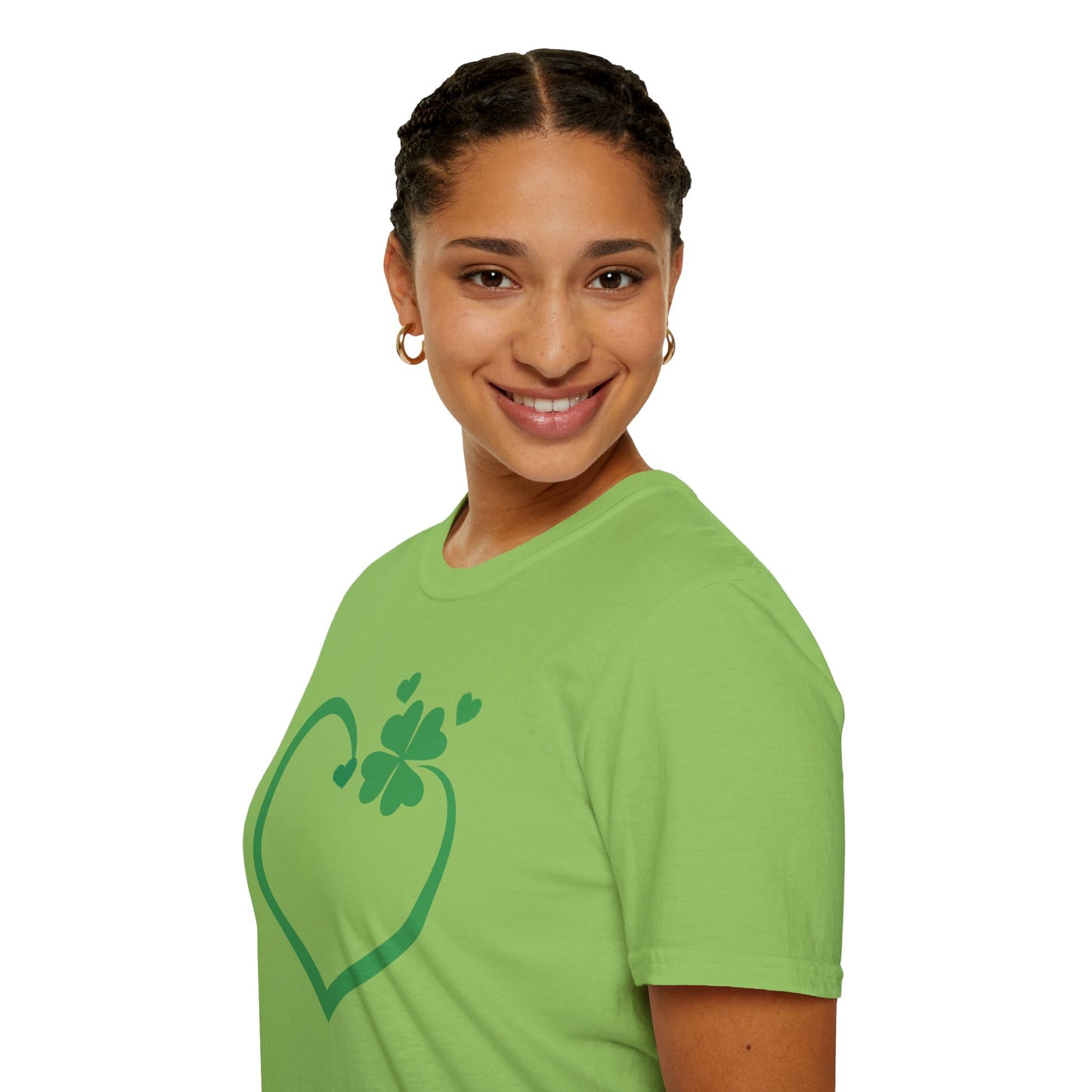 St. Patrick's Day Unisex Softstyle T-Shirt - Green Heart & Clover Design