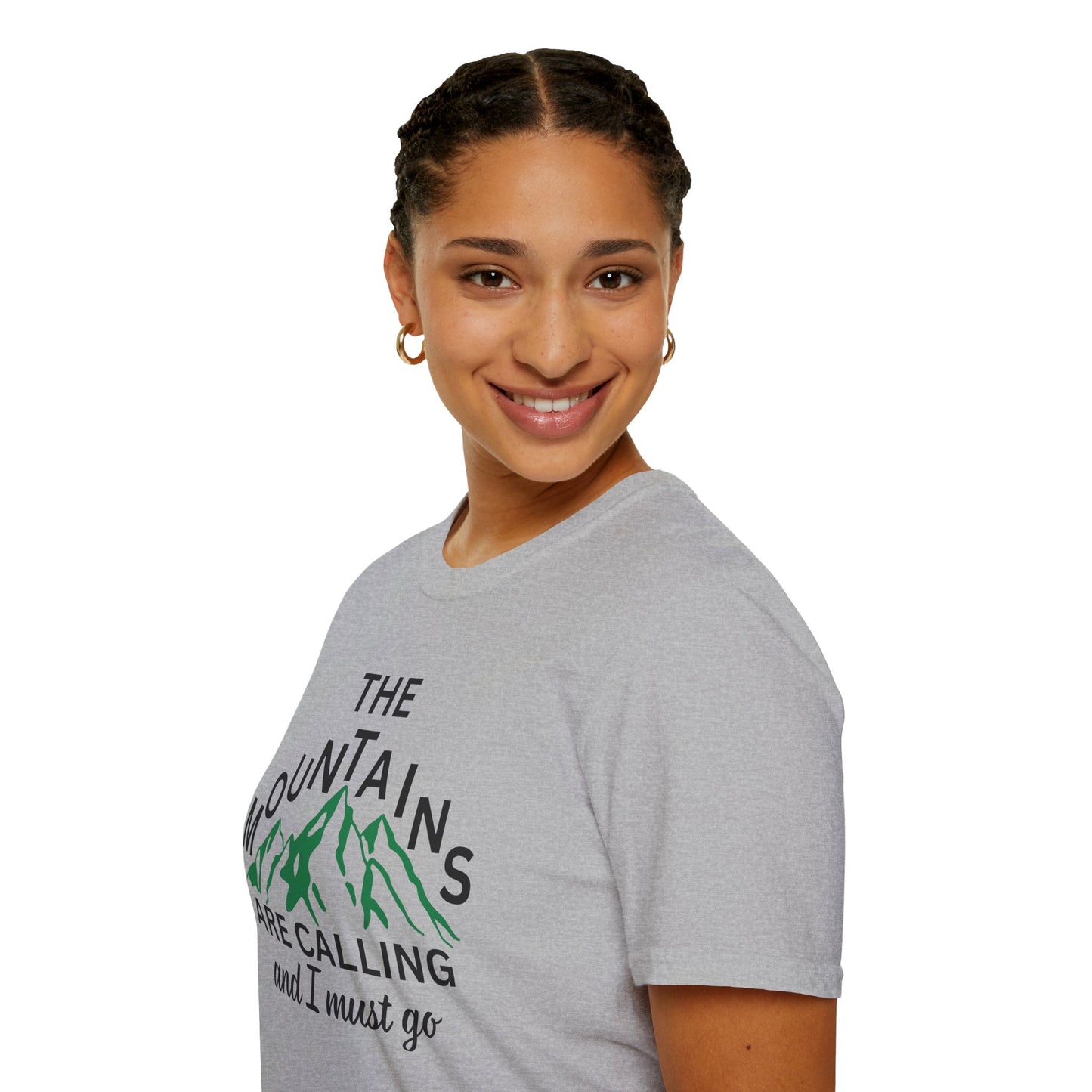 Adventure Awaits Unisex Softstyle T-Shirt - 'The Mountains Are Calling and I Must Go'