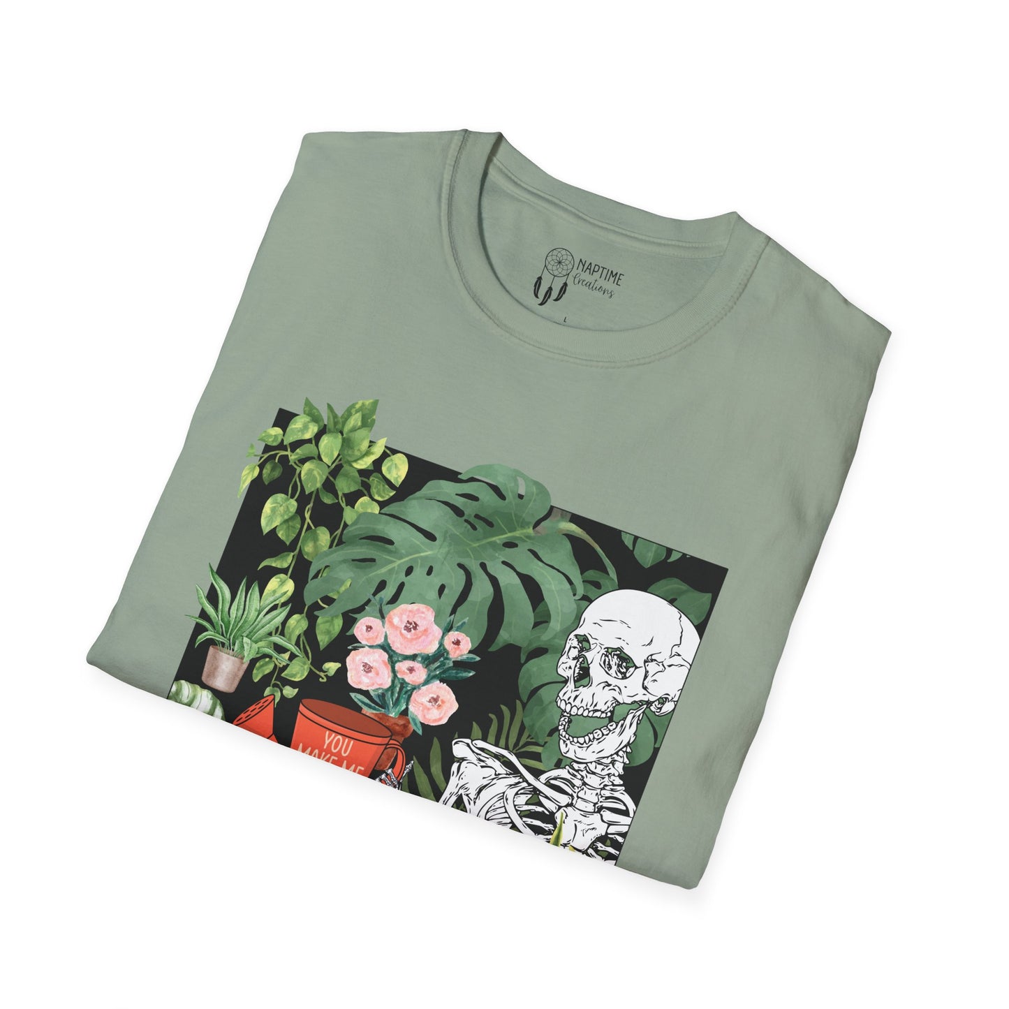 Charming Skeleton Plant Lover T-Shirt - Unisex Softstyle Garden Tee