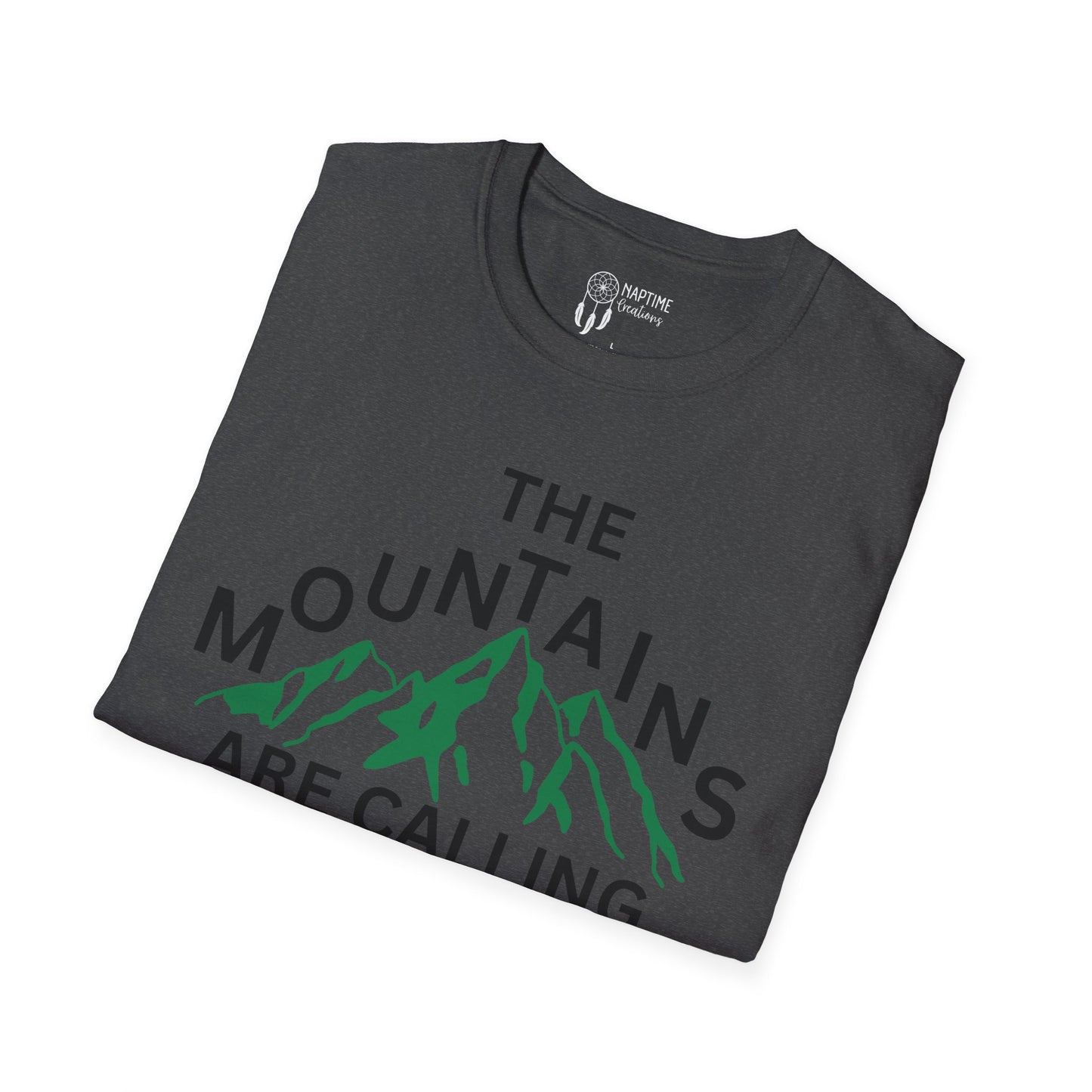 Adventure Awaits Unisex Softstyle T-Shirt - 'The Mountains Are Calling and I Must Go'