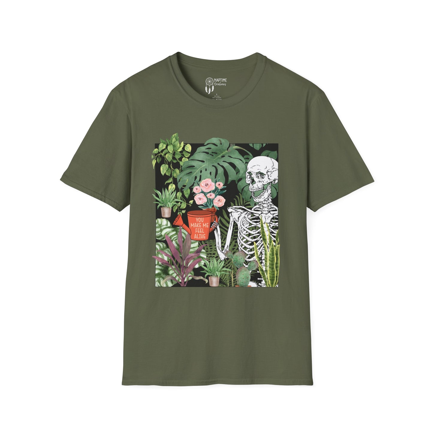 Charming Skeleton Plant Lover T-Shirt - Unisex Softstyle Garden Tee