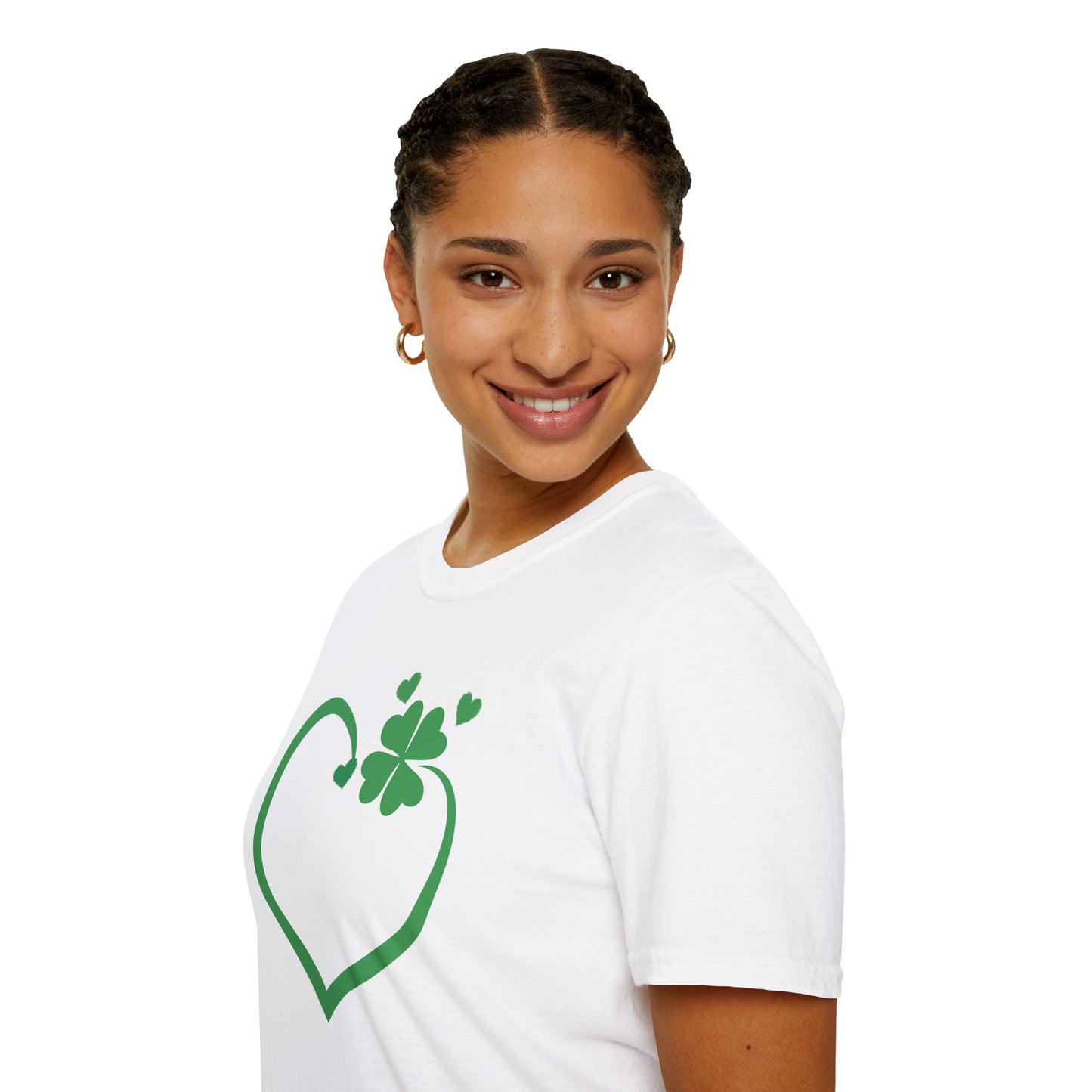 St. Patrick's Day Unisex Softstyle T-Shirt - Green Heart & Clover Design