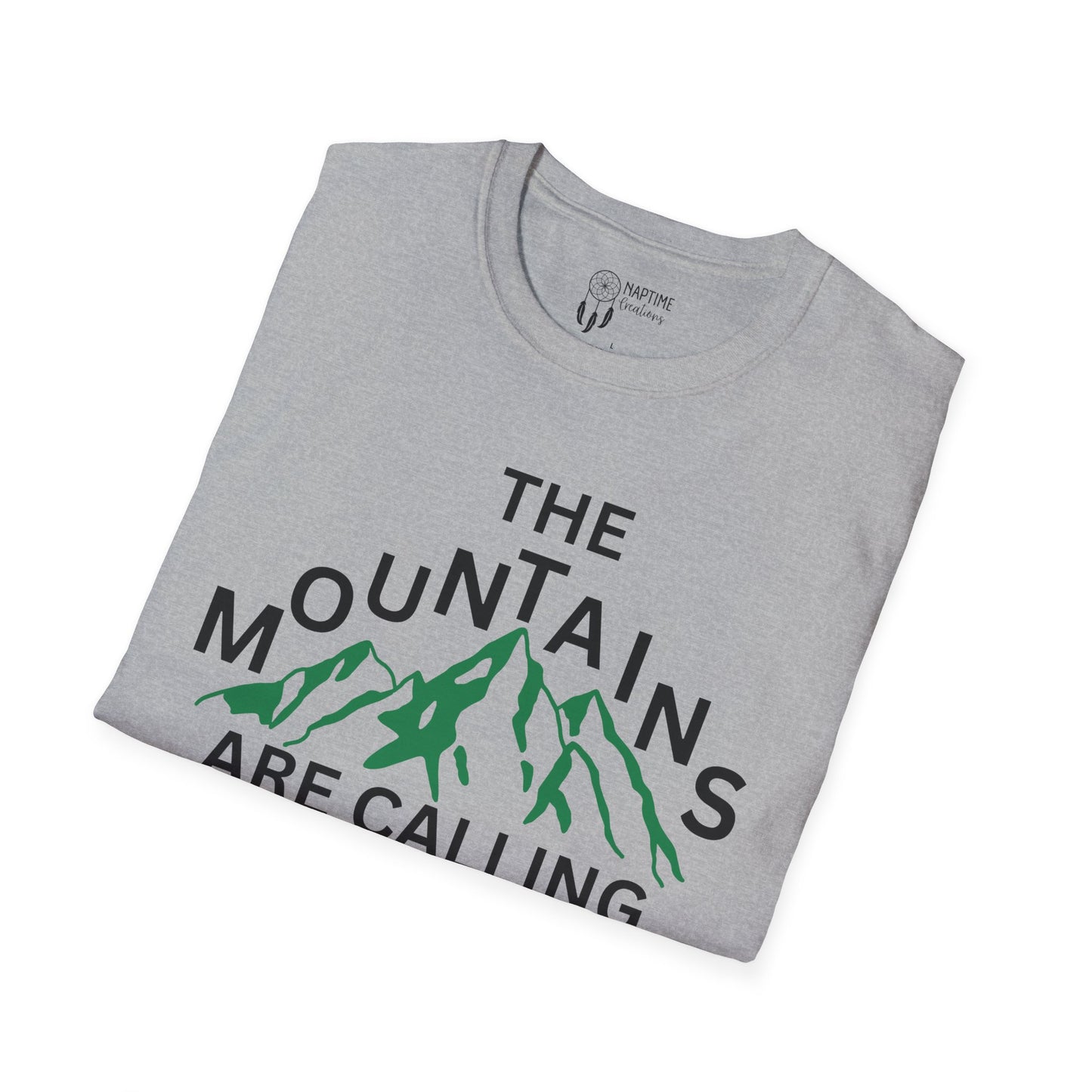Adventure Awaits Unisex Softstyle T-Shirt - 'The Mountains Are Calling and I Must Go'