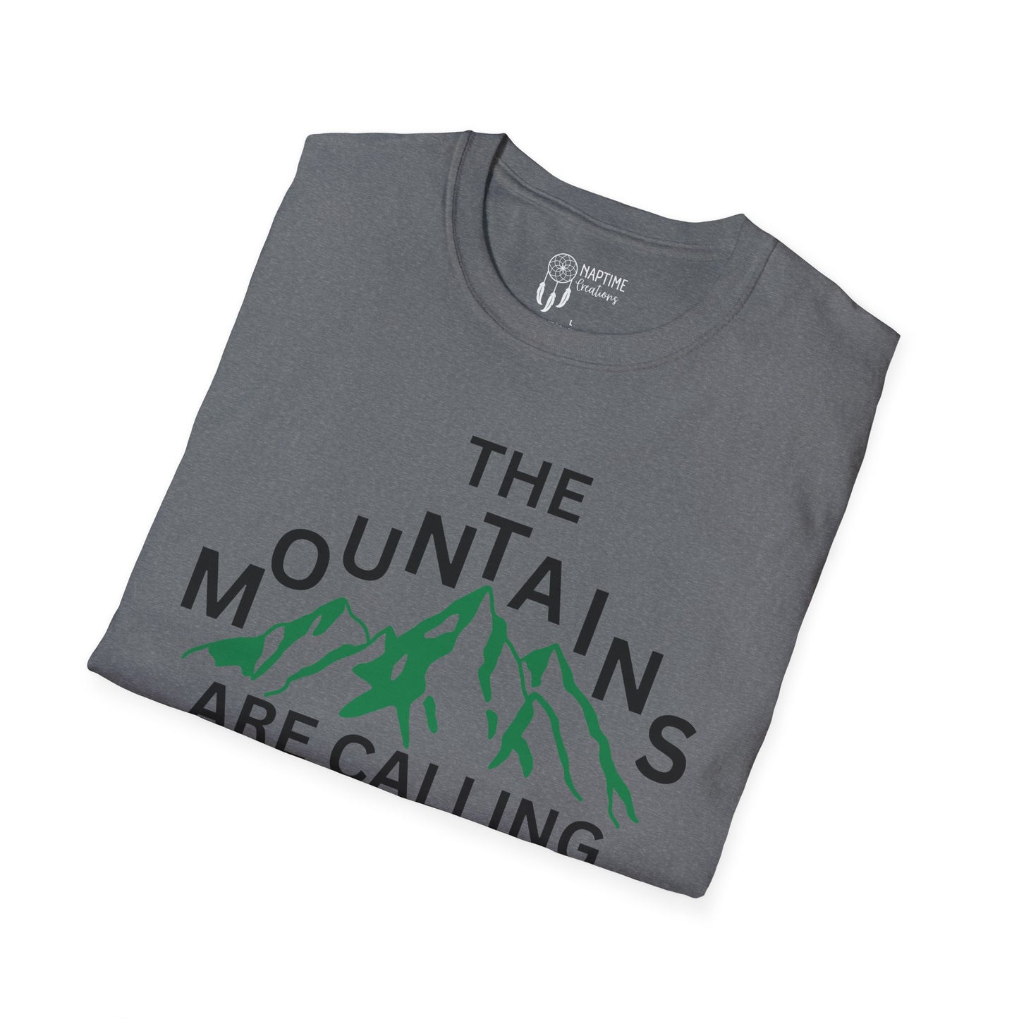 Adventure Awaits Unisex Softstyle T-Shirt - 'The Mountains Are Calling and I Must Go'