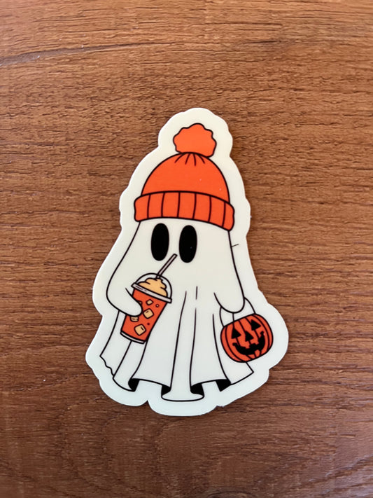 Glow-in-the-Dark Ghost Sticker – Beanie, Brew & Boo Edition (3”)