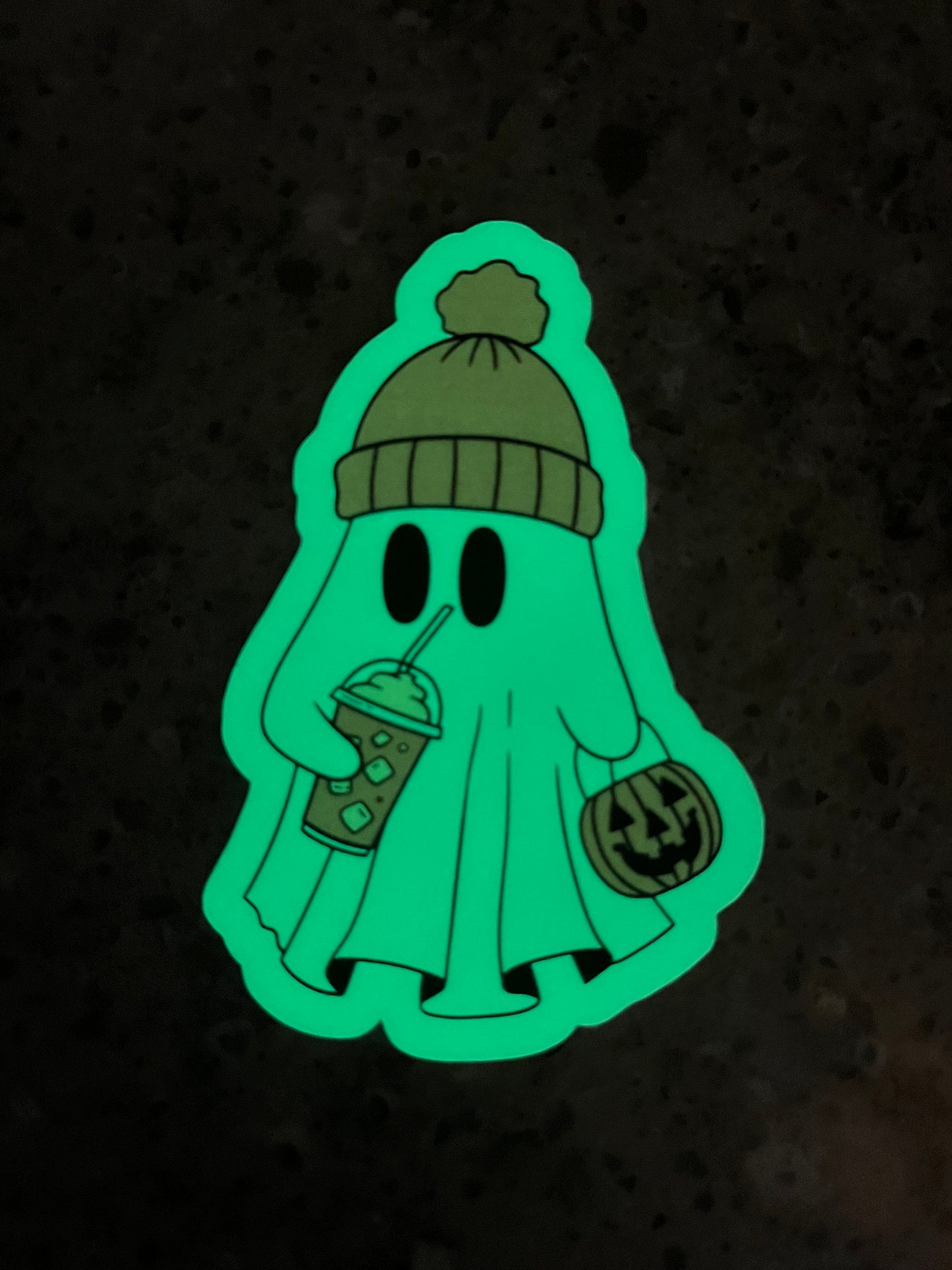 Glow-in-the-Dark Ghost Sticker – Beanie, Brew & Boo Edition (3”)